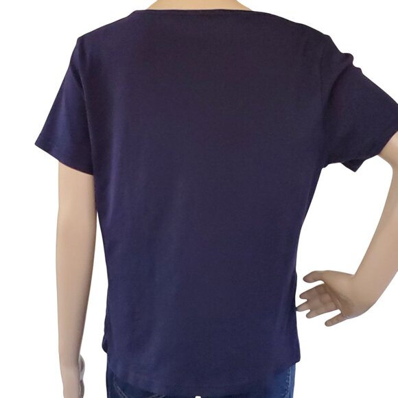 Karen Scott Nautical Sailor T Shirt Women's L Navy Blue Embroidered Knit Stretch - Picture 7 of 12